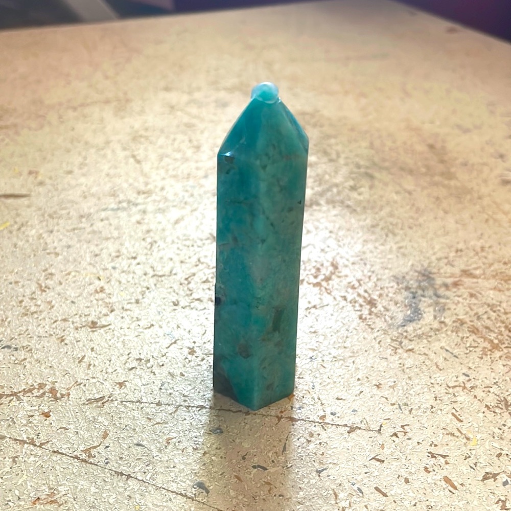 Amazonite with small flecks tourmaline tower, travel, good luck, protection